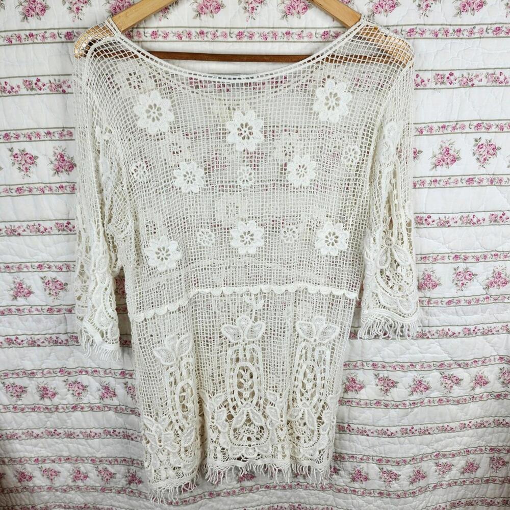 Solitaire Ravikhosla Ivory Crochet Lace Tunic Top Boho Festival Sheer Medium